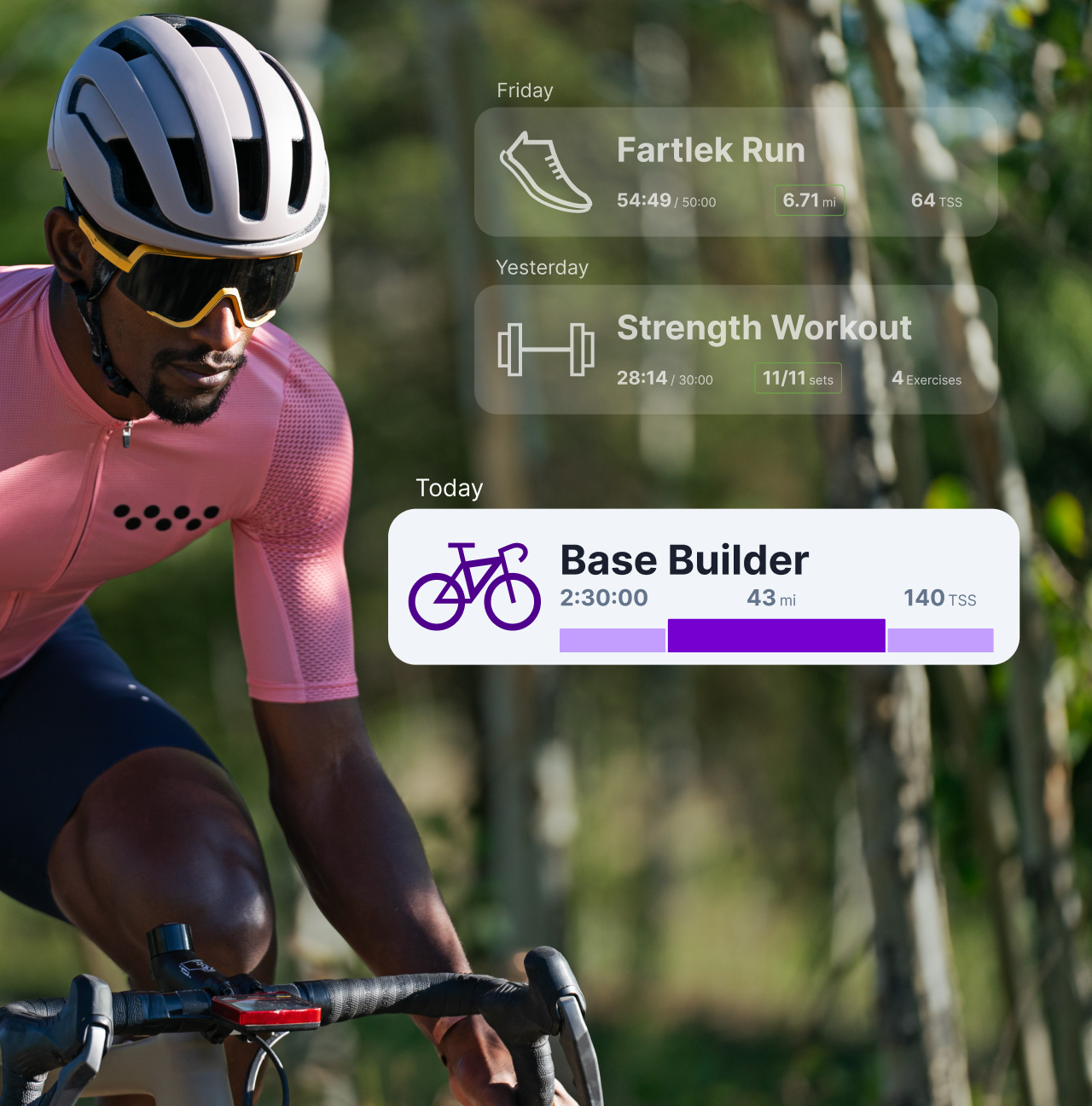 Steadfast Consistency Strength A Male Cyclist Rides Down A Wooded Road. Graphics Of The Trainingpeaks App Are Overlaid Over The Image.